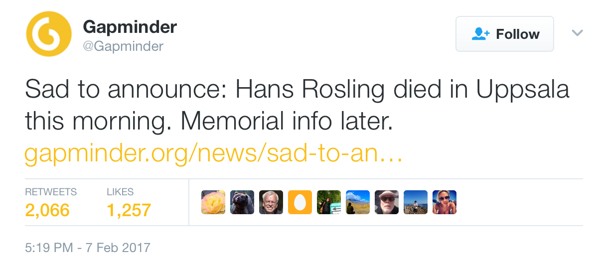 Sad to announce: Hans Rosling died in Uppsala this morning.